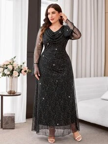 Reflora Plus Size Women's Cowl Neck Shiny Casual Elegant Sexy Party Formal Night Evening Dress Halloween Black Autumn - Black - View 9