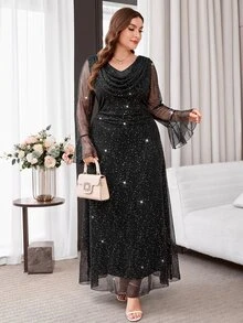 Reflora Plus Size Women's Cowl Neck Shiny Casual Elegant Sexy Party Formal Night Evening Dress Halloween Black Autumn - Black - View 10