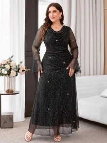 Reflora Plus Size Women's Cowl Neck Shiny Casual Elegant Sexy Party Formal Night Evening Dress Halloween Black Autumn - Black - View 8