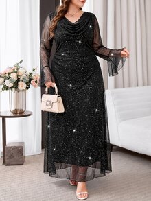 Reflora Plus Size Women's Cowl Neck Shiny Casual Elegant Sexy Party Formal Night Evening Dress Halloween Black Autumn - Black - View 4
