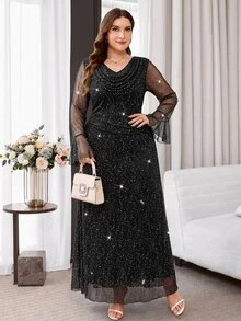 Reflora Plus Size Women's Cowl Neck Shiny Casual Elegant Sexy Party Formal Night Evening Dress Halloween Black Autumn - Black - View 5