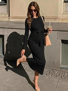 Lyckli Maternity Solid Color Round Neck Long Sleeve Waist Tie Elegant Knit Dress - Black - View 1