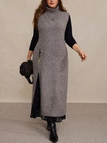 Freevana Plus Size Fashion Elegant Casual Women's Vintage Grey Turtleneck Long Sweater Dress With Asymmetric Layered Knit Design Summer/ Formal Evening Party - Dark Grey - View 8