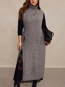 Freevana Plus Size Fashion Elegant Casual Women's Vintage Grey Turtleneck Long Sweater Dress With Asymmetric Layered Knit Design Summer/ Formal Evening Party - Dark Grey - View 5