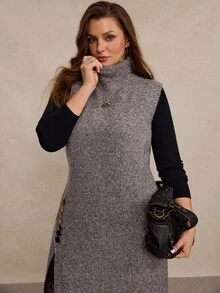 Freevana Plus Size Fashion Elegant Casual Women's Vintage Grey Turtleneck Long Sweater Dress With Asymmetric Layered Knit Design Summer/ Formal Evening Party - Dark Grey - View 6