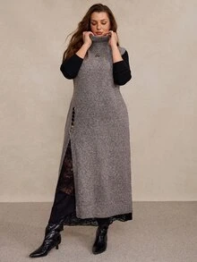 Freevana Plus Size Fashion Elegant Casual Women's Vintage Grey Turtleneck Long Sweater Dress With Asymmetric Layered Knit Design Summer/ Formal Evening Party - Dark Grey - View 7