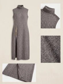 Freevana Plus Size Fashion Elegant Casual Women's Vintage Grey Turtleneck Long Sweater Dress With Asymmetric Layered Knit Design Summer/ Formal Evening Party - Dark Grey - View 10