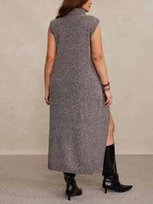 Freevana Plus Size Fashion Elegant Casual Women's Vintage Grey Turtleneck Long Sweater Dress With Asymmetric Layered Knit Design Summer/ Formal Evening Party - Dark Grey - View 2