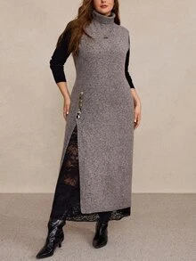 Freevana Plus Size Fashion Elegant Casual Women's Vintage Grey Turtleneck Long Sweater Dress With Asymmetric Layered Knit Design Summer/ Formal Evening Party - Dark Grey - View 4