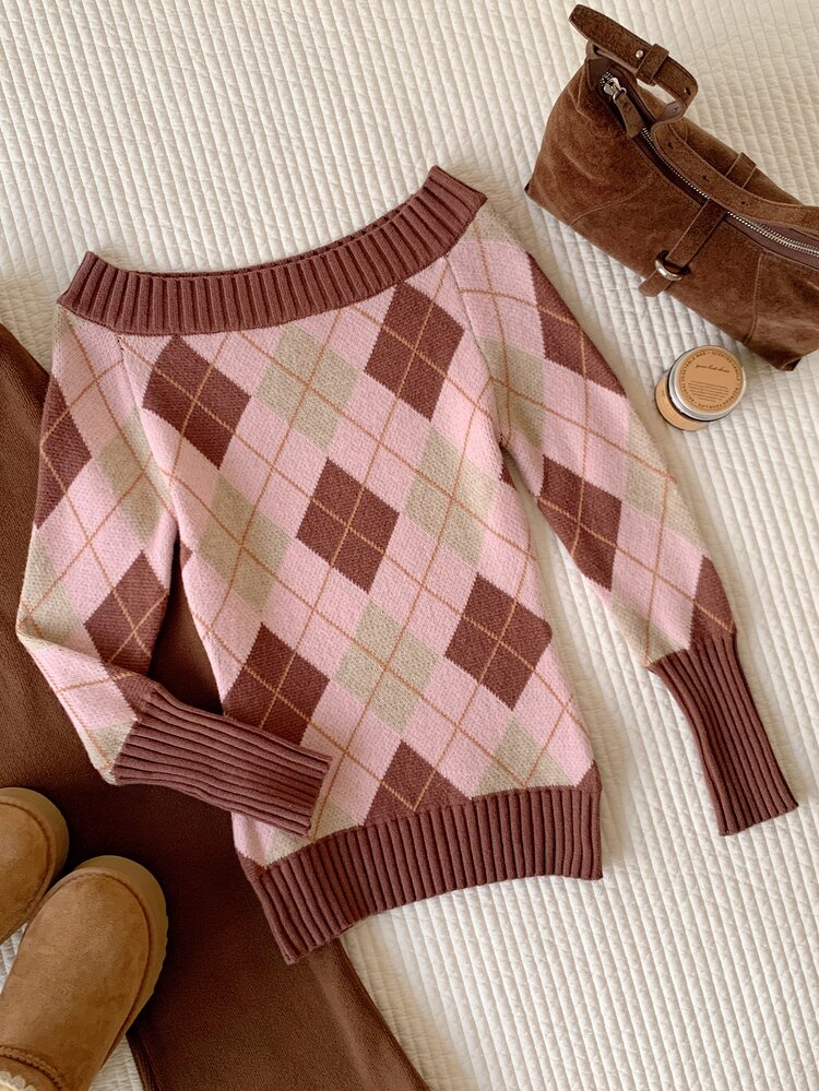 Comfortcana Women's Colorblock Argyle Off-Shoulder Sweater Fall Clothes For Women Work Outfits For Women Y2K - Pink - View 5