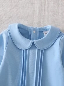 SHEIN 新生兒白色純色極簡時尚優雅長袖連腳連身衣居家服 - 淺藍色 - 查看 6