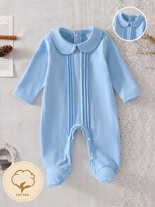 SHEIN 新生兒白色純色極簡時尚優雅長袖連腳連身衣居家服 - 淺藍色 - 查看 7