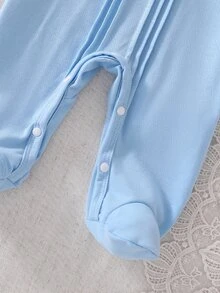 SHEIN 新生兒白色純色極簡時尚優雅長袖連腳連身衣居家服 - 淺藍色 - 查看 3