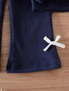 SHEIN Baby Girl Hooded Sweatshirt & Flare Pants Set, White Bow Tape Decor Raglan Sleeve 2‑Piece Fall Outfi - Navy Blue - View 8