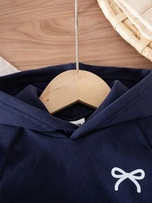 SHEIN Baby Girl Hooded Sweatshirt & Flare Pants Set, White Bow Tape Decor Raglan Sleeve 2‑Piece Fall Outfi - Navy Blue - View 9