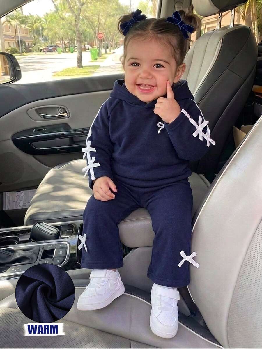 SHEIN Baby Girl Hooded Sweatshirt & Flare Pants Set, White Bow Tape Decor Raglan Sleeve 2‑Piece Fall Outfi - Navy Blue - View 1