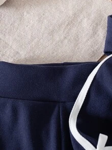 SHEIN Baby Girl Hooded Sweatshirt & Flare Pants Set, White Bow Tape Decor Raglan Sleeve 2‑Piece Fall Outfi - Navy Blue - View 6