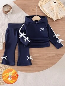 SHEIN Baby Girl Hooded Sweatshirt & Flare Pants Set, White Bow Tape Decor Raglan Sleeve 2‑Piece Fall Outfi - Navy Blue - View 3