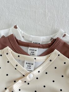 SHEIN 3件組新生女嬰和服連身衣，甜美玫瑰粉與奶油色波點愛心印花，長袖圓領，正裝生日派對秋季白色上衣，按扣設計 - 彩色 - 查看 7