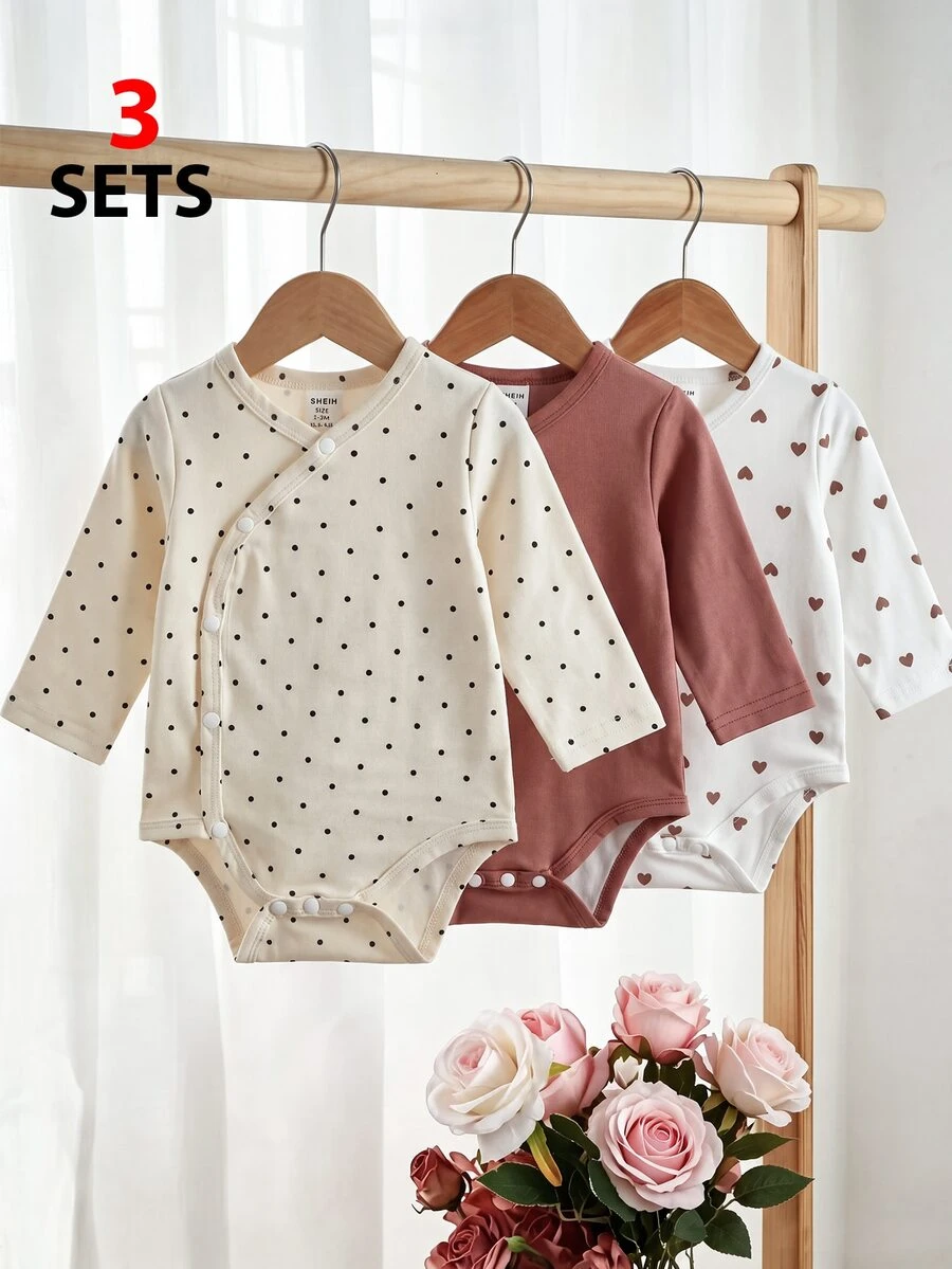 SHEIN 3件組新生女嬰和服連身衣,甜美玫瑰粉與奶油色波點愛心印花,長袖圓領,正裝生日派對秋季白色上衣,按扣設計 - 彩色 - 查看 1
