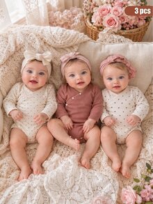 SHEIN 3件組新生女嬰和服連身衣，甜美玫瑰粉與奶油色波點愛心印花，長袖圓領，正裝生日派對秋季白色上衣，按扣設計 - 彩色 - 查看 2