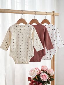SHEIN 3件組新生女嬰和服連身衣，甜美玫瑰粉與奶油色波點愛心印花，長袖圓領，正裝生日派對秋季白色上衣，按扣設計 - 彩色 - 查看 3
