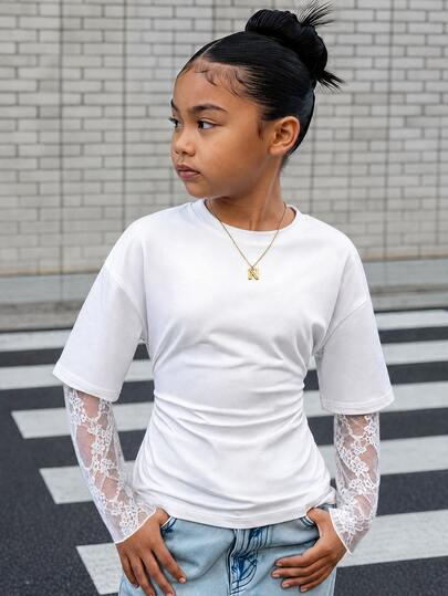 SHEIN T-shirt 2 en 1 à manches longues pour préadolescentes, blanc, en maille, avec design cintré à la taille et dentelle contrastante