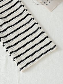 SHEIN Elladie kids Young Girls White 2pcs Knit Set, Half Zip Long Sleeve Pullover Wide Leg Pants Pack, Casual Soft Birthday Autumn Black And White Striped Half Placket - Black and White - View 7
