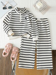 SHEIN Elladie kids Young Girls White 2pcs Knit Set, Half Zip Long Sleeve Pullover Wide Leg Pants Pack, Casual Soft Birthday Autumn Black And White Striped Half Placket - Black and White - View 5