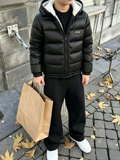 SHEIN Tween Boy Outdoor Sports Warm Minimalist Black Zipper Hooded Thermal Lined Padded Coat, Winter Coat,