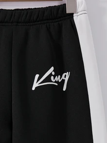SHEIN Vacaura 大童男孩抓絨內裡拼色連帽衛衣與慢跑褲套裝，保暖套頭連帽運動服秋季冬季穿著 - 卡其色 - 查看 5