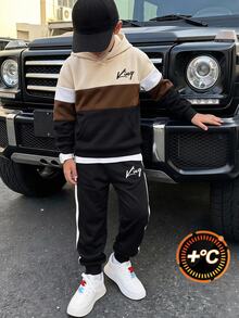 SHEIN Vacaura 大童男孩抓絨內裡拼色連帽衛衣與慢跑褲套裝，保暖套頭連帽運動服秋季冬季穿著 - 卡其色 - 查看 1