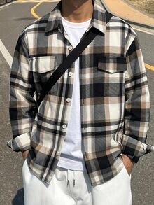 Mirajuku 1件男士青少年休閒韓系格紋長袖襯衫，適合秋季，可單穿或搭配白色T恤、牛仔褲和白色休閒鞋 - 彩色 - 查看 2