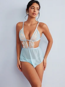 Elorette Blue Embroidered Floral Mesh Romantic Sexy Jumpsuit Jumpsuit Nightwear For Women, Suitable For Home, Party, Club, Bar - Blue - View 10