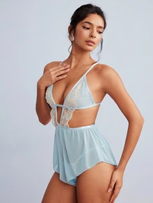 Elorette Blue Embroidered Floral Mesh Romantic Sexy Jumpsuit Jumpsuit Nightwear For Women, Suitable For Home, Party, Club, Bar - Blue - View 9