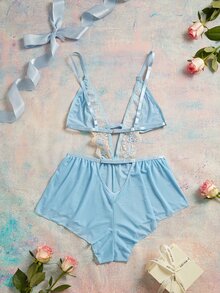 Elorette Blue Embroidered Floral Mesh Romantic Sexy Jumpsuit Jumpsuit Nightwear For Women, Suitable For Home, Party, Club, Bar - Blue - View 5