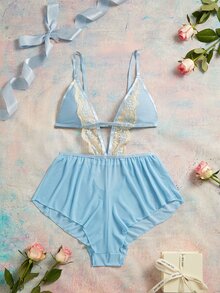 Elorette Blue Embroidered Floral Mesh Romantic Sexy Jumpsuit Jumpsuit Nightwear For Women, Suitable For Home, Party, Club, Bar - Blue - View 2