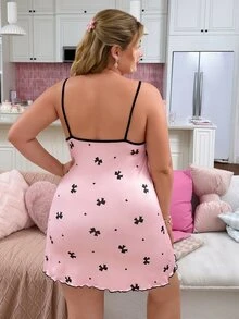 Slumberry CURVE Plus Size Women Sweet Bow Heart Knit Print Camisole Contrast Color Lace Patchwork Mini Nightgown - Pink - View 2