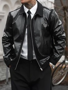 Manfinity Homme 男士黑色PU鱷魚紋拼接羊毛翻領拉鍊夾克，寬鬆版型復古高街街頭風短款皮外套，萬聖節、聖誕節、新年禮物 - 黑色 - 查看 1