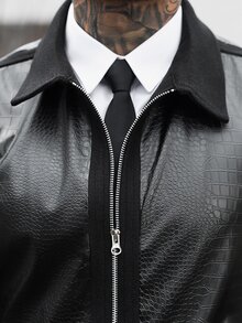 Manfinity Homme 男士黑色PU鱷魚紋拼接羊毛翻領拉鍊夾克，寬鬆版型復古高街街頭風短款皮外套，萬聖節、聖誕節、新年禮物 - 黑色 - 查看 3