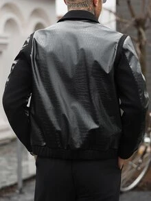 Manfinity Homme 男士黑色PU鱷魚紋拼接羊毛翻領拉鍊夾克，寬鬆版型復古高街街頭風短款皮外套，萬聖節、聖誕節、新年禮物 - 黑色 - 查看 2