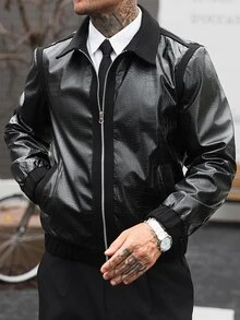 Manfinity Homme 男士黑色PU鱷魚紋拼接羊毛翻領拉鍊夾克，寬鬆版型復古高街街頭風短款皮外套，萬聖節、聖誕節、新年禮物 - 黑色 - 查看 4