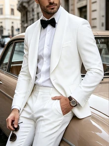 Manfinity Mode Blazer Pria Putih Kerah Syal Gaya Klasik Estetika Ins, Longgar Kasual untuk Perjalanan Kerja/Bisnis, Formal - Putih - View 1
