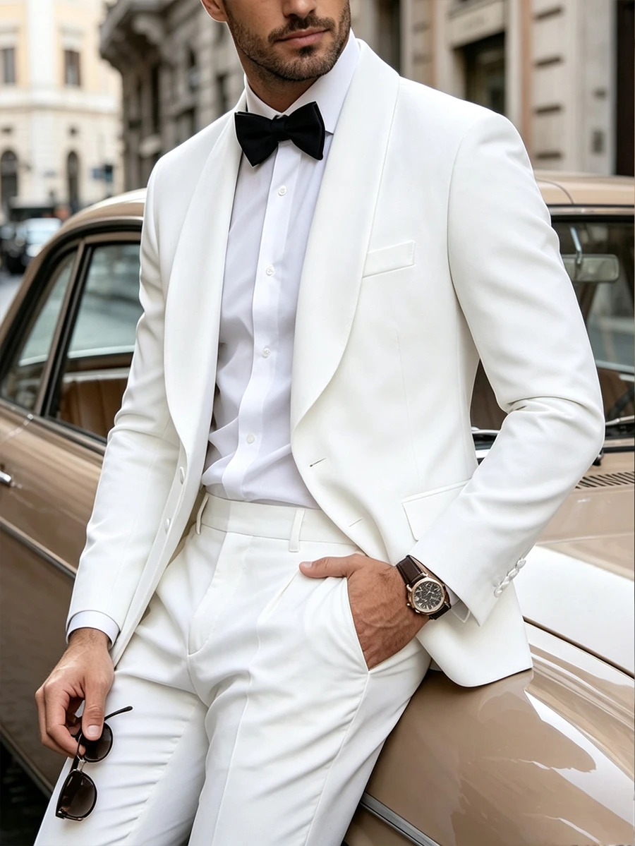 Manfinity Mode Blazer Pria Putih Kerah Syal Gaya Klasik Estetika Ins, Longgar Kasual untuk Perjalanan Kerja/Bisnis, Formal - Putih - View 1