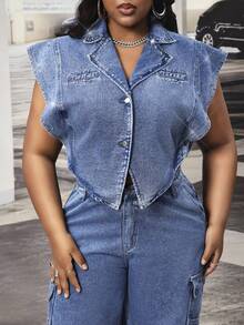 Slaydiva Plus Size Outdoor Fashion Short All-Season Outdoor Blazer Collar Blue Denim Jacket - Medium Wash - View 4