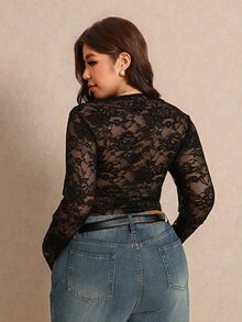 Elaquor Plus Size Sheer Lace Sexy Bodysuit Elegant Party Lace Outfits Bodysuit For Women Fall/WInter Elegant Black Bodysuit For Women Wedding Guest Outits - Black - View 3