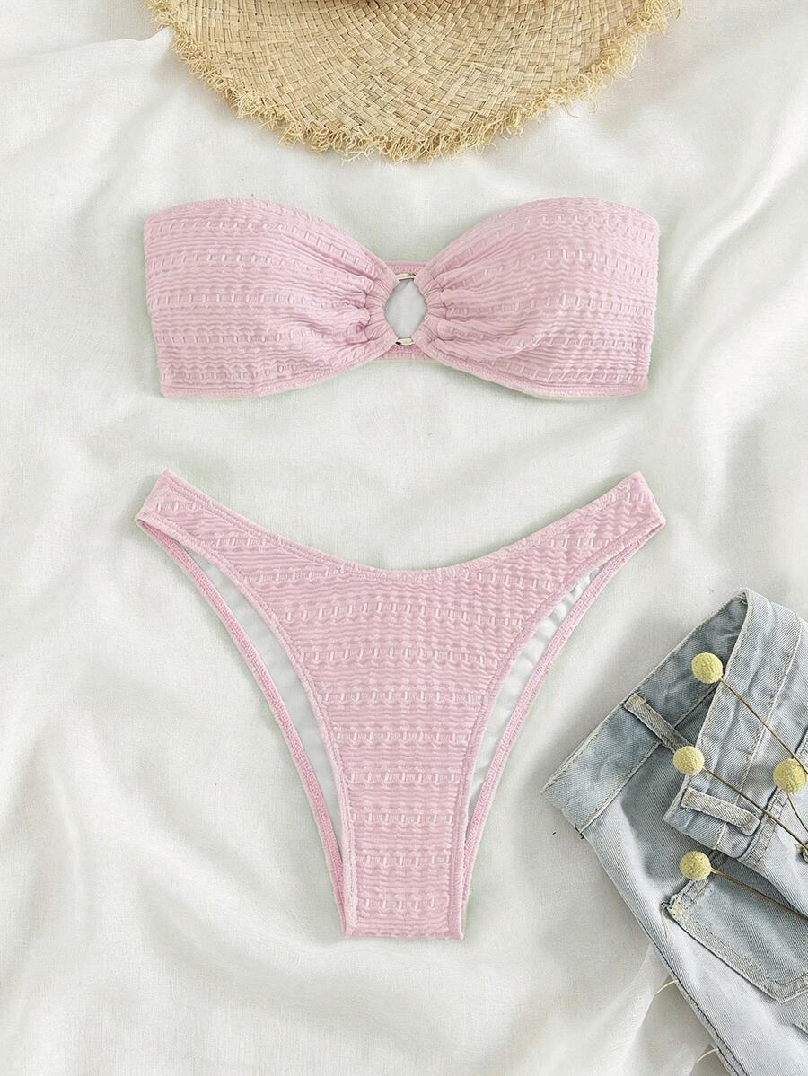 SHEIN Swim 适合海滩度假的纯色纹理比基尼