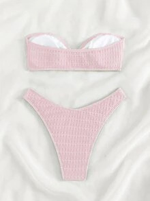 SHEIN Swim 适合海滩度假的纯色纹理比基尼 - 淺粉色 - 查看 4
