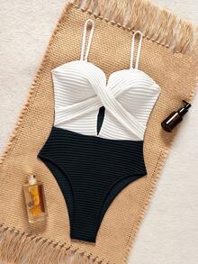 SHEIN Swim Springbreak 拼色连体泳衣，聚拢，无钢圈 - 黑與白 - 查看 5