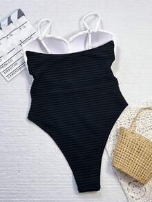 SHEIN Swim Springbreak 拼色连体泳衣，聚拢，无钢圈 - 黑與白 - 查看 2